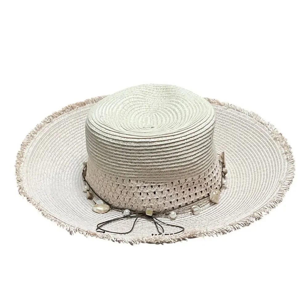 Scala Collezione Sun Beach Fringed Rim Hat Shell Band EUC